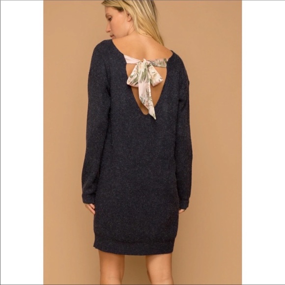 Hem & Thread Navy Sweater Dress with Floral Tieback Bow Super Soft Size M - Picture 1 of 10